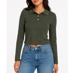 Livi by Olivia Rae Ribbed Polo Top Olive Green Long Sleeve Knit Med Y2K Preppy